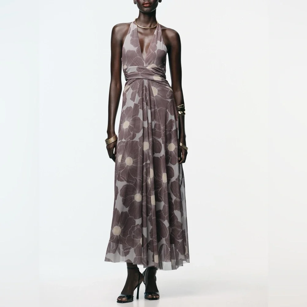 Zara Printed Cut Out Tulle Maxi Dress Taupe Grey NWT